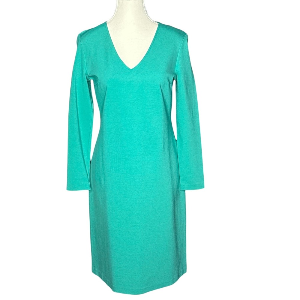 Talbots Womens 6P Turquoise Green V-Neck Long Sleeve Ponte Sheath Dress VN244